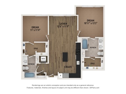 Floor plan for 2 beds, 2 baths, 988 sqft